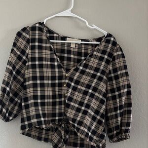 Michael Kors Black and Tan Plaid Blouse